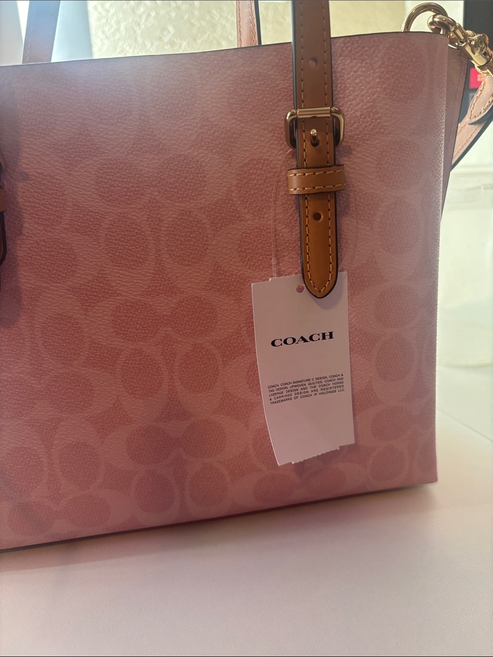 Coach Mollie Pink Signature Tote with Tan Leather Handles - Picture 2 of 5